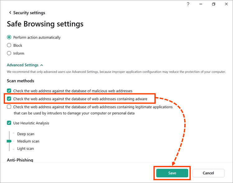 Selecting the check box “Check the web address against the database of wev addresses containing adware” in Kaspersky for Windows