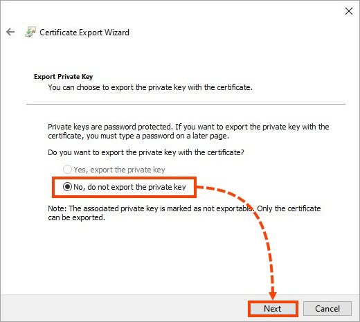 Selecting “No, do not export the private key” option in the Certificate Export Wizard.