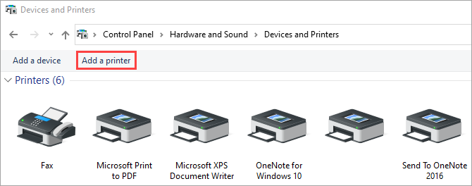 Adding a printer in the Devices and Printers window