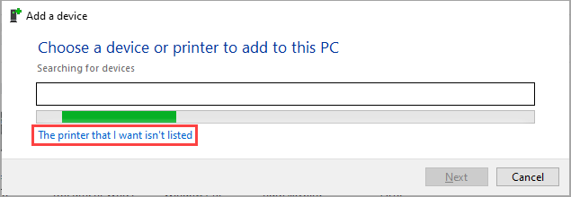 The printer that I want isn't listed link in the Add a device window