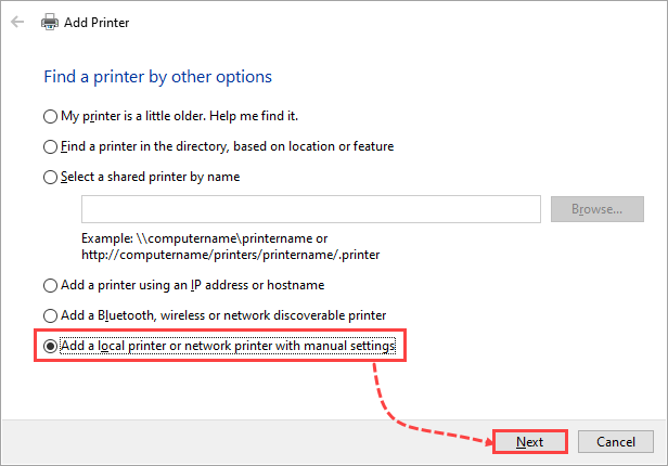 Add a local printer or network printer with manual settings parameter in the Add Printer window