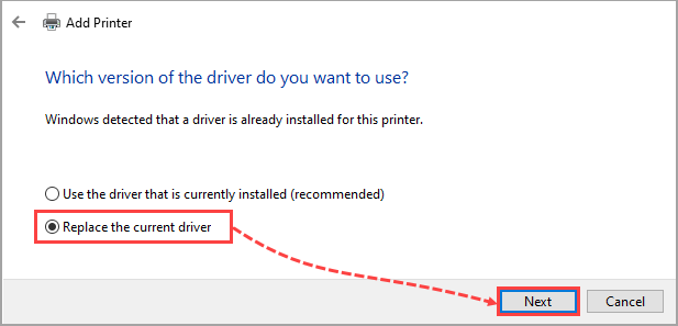 Replace the current driver option in the Add Printer window
