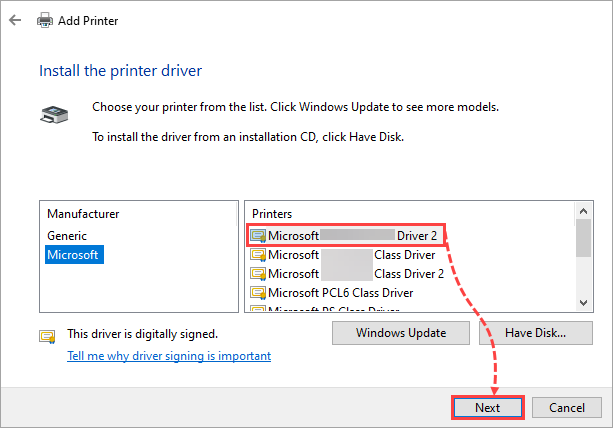 Installing the printer driver in the Add Printer window