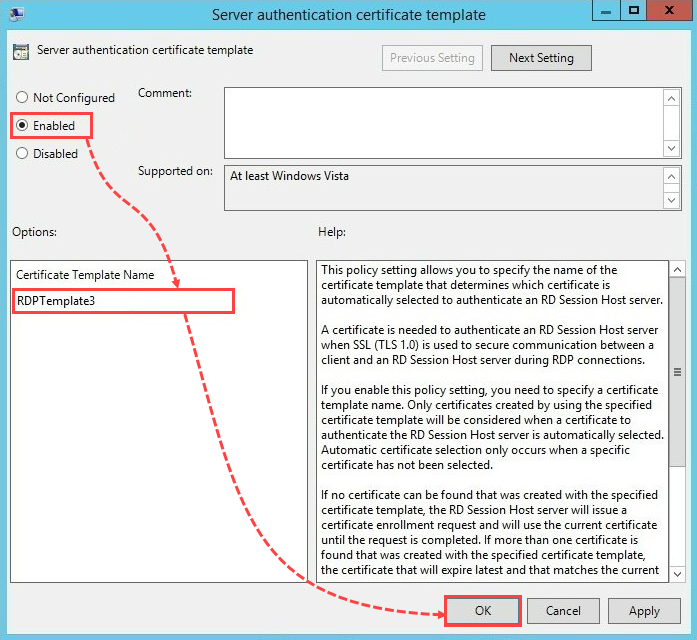 Configuring the server authentication certificate template policy.