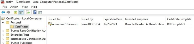 A machine that was issued a certificate for the Remote Desktop Authentication policy based on the RDPTemplate3 template.