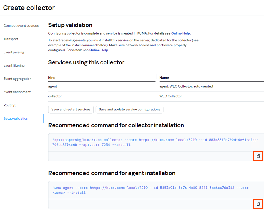 Copying the command for collector and agent installation.