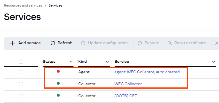 Checking the status of the collector and agent in active services.