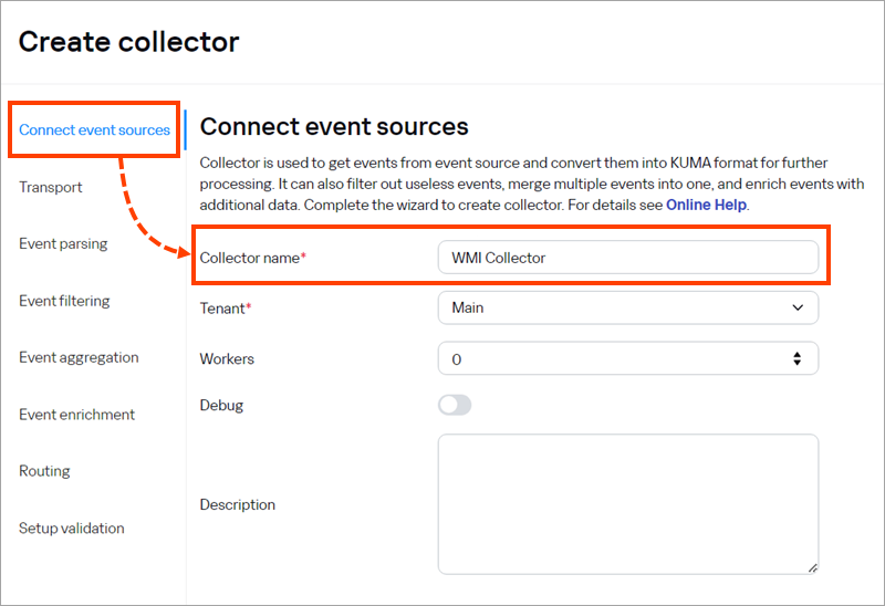 Enter the collector name in the Connect event sources section.