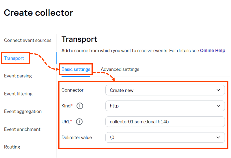 Selecting source connection parameters in the Transport section.