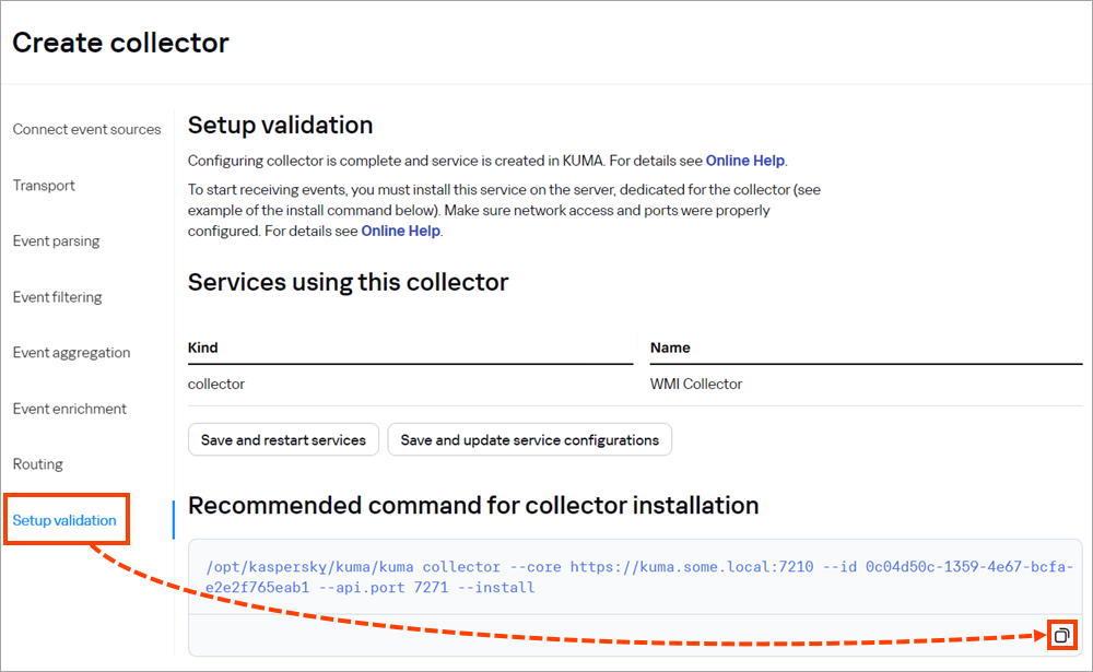Copying the command to install a collector in the Setup validation section.