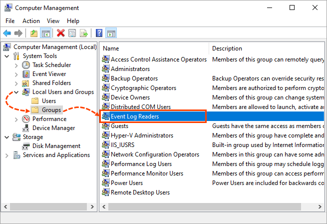 Navigating to the Event Log Readers group in the Computer Management window.