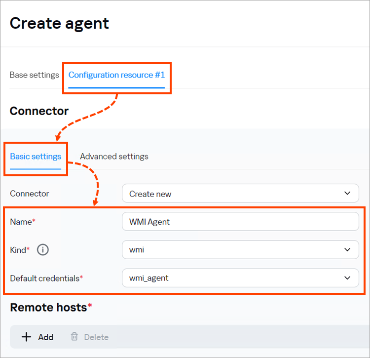 Setting the connector parameters in the Create agent window.
