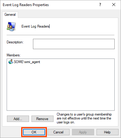 Confirmation of adding the wmi_agent account to the Event Log Readers group.