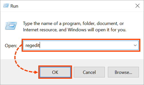 Opening the Registry Editor tool using the regedit command.