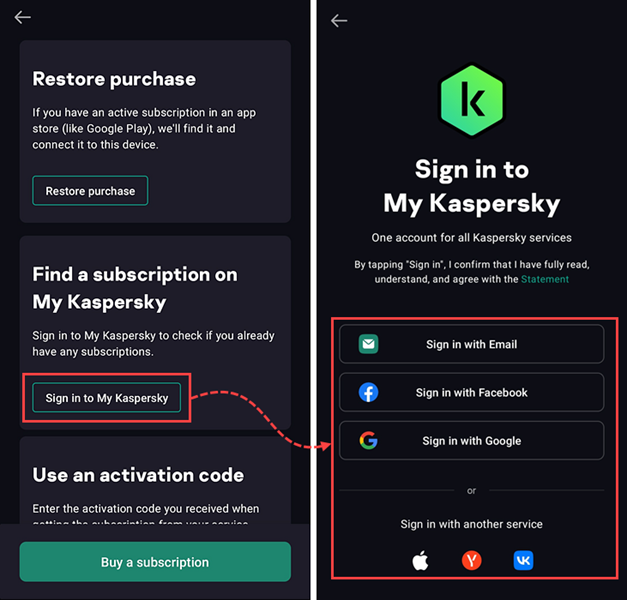 Restoring subscription added to My Kaspersky.