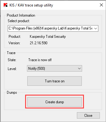 Creating the AVP.EXE process dump using KavLog in Windows 10