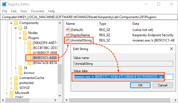 Copying the “UninstallString” parameter in the Windows Registry Editor.
