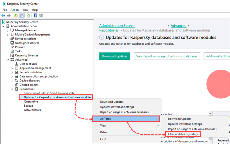 The Clear updates repository button in Kaspersky Security Center.