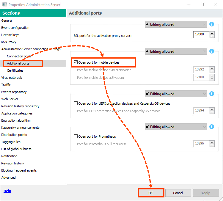 Kaspersky Security Center Administration Server connection settings