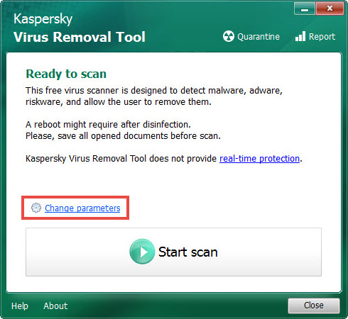 Scan parameters in Kaspersky Virus Removal Tool