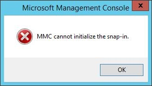 The ‘MMC cannot initialize the snap-in’ error.
