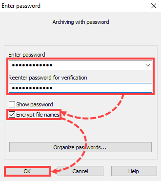Setting up password and encryption for the archive