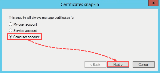 Selecting the Computer account in the Certificates snap-in window.