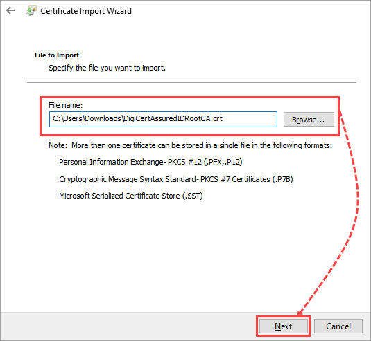 Selecting the DigiCert Assured ID Root CA certificate in the Certificate Import Wizard window.