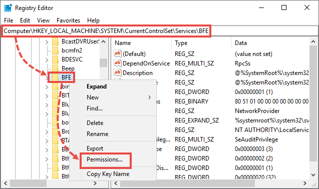 The registry editor window with BFE service selected