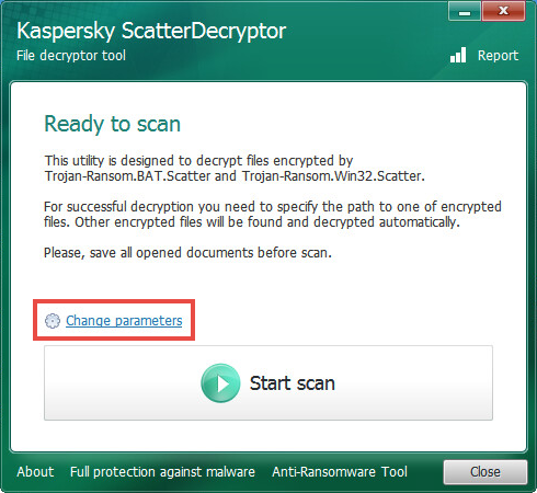 Opening the scan settings of ScatterDecryptor