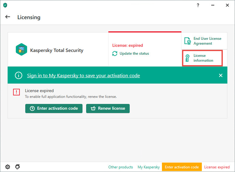 Opening the detailed license information window in a Kaspersky application