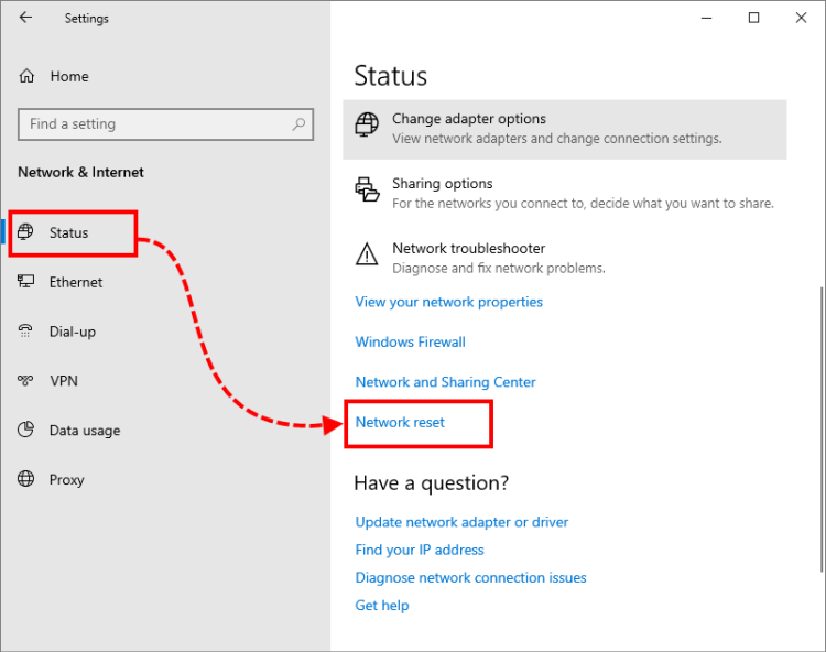 Opening the Network reset settings in Windows 10.