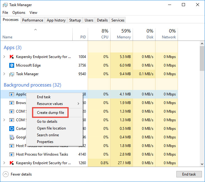 Getting a process dump in Microsoft Windows 10