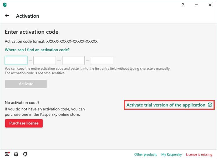The licensing window of a Kaspersky application