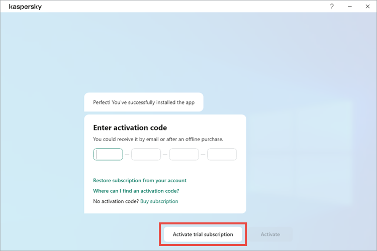 The activation window in a Kaspersky application.