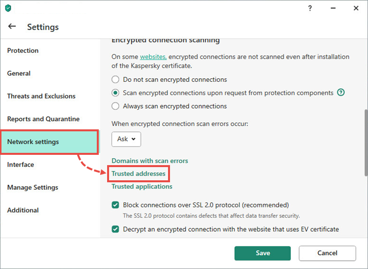 Opening the network settings in a Kaspersky application
