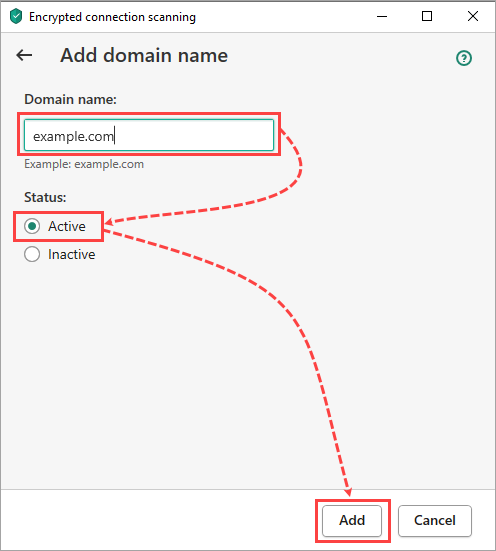 Adding a website to the list of exclusions in a Kaspersky application.