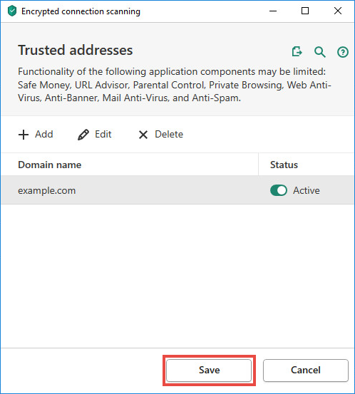 Saving the changes when adding a website to the list of exclusions in a Kaspersky application.
