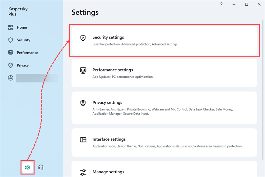 Security settings in the Kaspersky application.