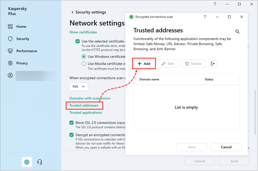 Trusted addresses link in the Network settings of a Kaspersky application.