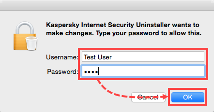 Enter the administrator password to uninstall Kaspersky Internet Security 16 for Mac