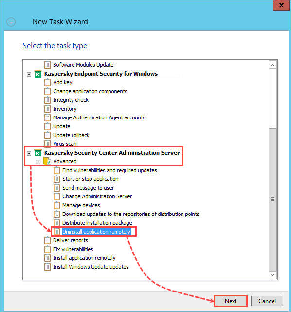 The Uninstall application remotely task in Kaspersky Security Center.