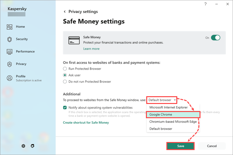 Changing the default browser in a Kaspersky application