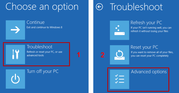 Image: selecting Troubleshoot in the Choose an option view