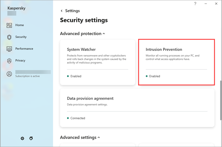 The Security settings window in a Kaspersky application