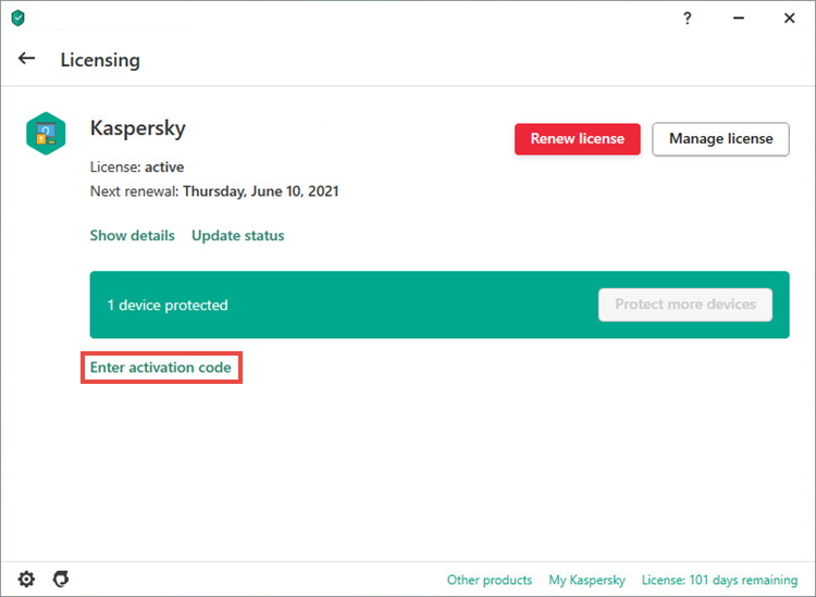 Opening the “Enter activation code” window in a Kaspersky application.