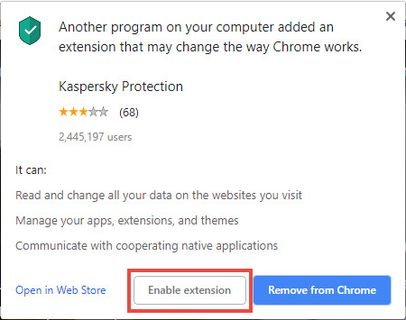 Adding the Kaspersky Protection extension to Google Chrome