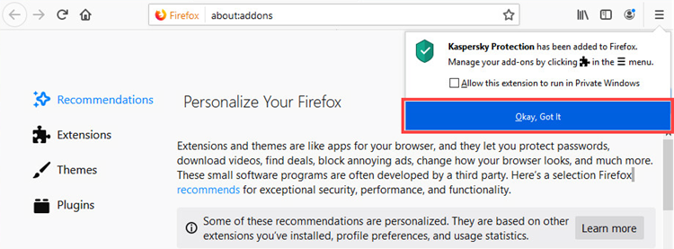 Completing the installation of Kaspersky Protection in Mozilla Firefox
