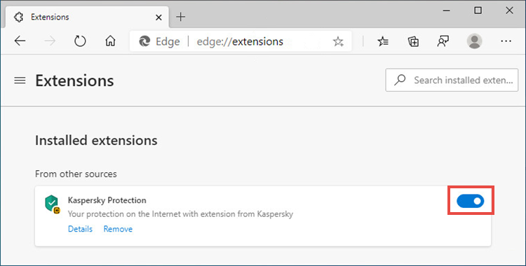 Enabling Kaspersky Protection extension in Edge