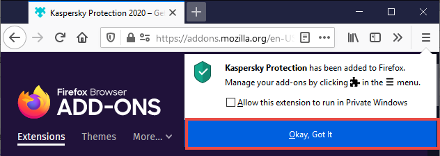 Completing the installation of Kaspersky Protection in Mozilla Firefox 